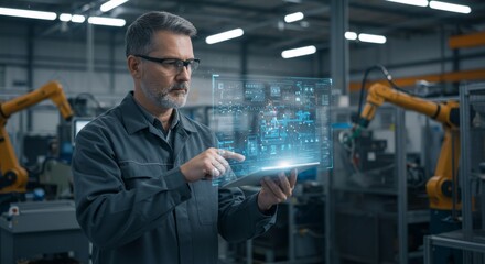 Poster - Mature male engineer using holographic tablet to control automated production in modern factory. Digital interface for Industry 4.0 manufacturing.