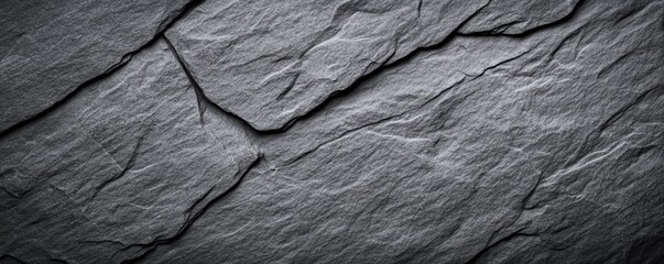 Poster - A close-up of textured, dark slate stone showcasing natural patterns and grooves, creating a rugged and earthy appearance.