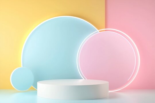 Set of abstract 3d shelf or white stand podium on yellow, blue, pink wall scene pastel color with neon ring background. Vector rendering geometric shape for cosmetic product display presentation