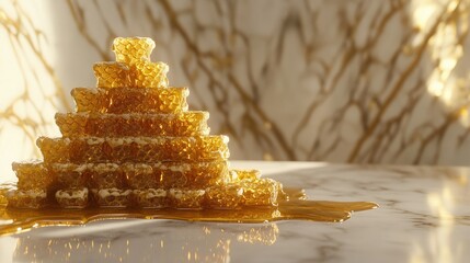 Poster - Honeycombs stacked in a pyramid, with thick golden honey dripping onto a marble countertop.