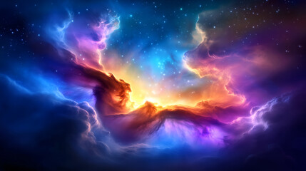 Wall Mural - Bright clouds swirl in deep space, showcasing shades of purple, blue, and orange. Stars twinkle in the background, creating a mesmerizing cosmic scene of beauty and wonder