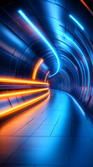 Poster - A futuristic tunnel illuminated by bright blue and orange neon lights creates a dynamic and engaging environment. The curved design enhances the sense of motion and excitement
