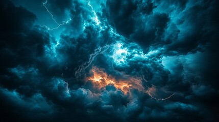 Aufkleber - A thunderous sky fills the horizon with dark clouds swirling ominously. Flashes of electric blue intertwine with vibrant orange, hinting at an impending storm during twilight hours
