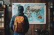 © GreenOptix - Adventurer with backpack exploring map indoors for travel planning and destination selection