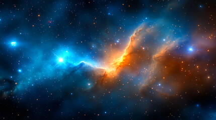 Wall Mural - A colorful nebula glows in deep blues, oranges, and yellows, surrounded by countless stars. This celestial formation showcases the beauty and mysteries of the universe