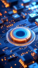 Poster - A close-up view of an advanced circuit board, featuring glowing orange and blue components arranged in a complex pattern