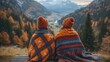 © Julia - Warmly dressed individuals sitting side by side, wrapped in colorful blankets, gazing at a picturesque mountain valley during autumn