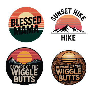 Mama Hike Wiggle Butts Vector: Outdoor Humorous Circular Design Set