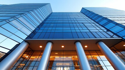 Poster - A modern glass building with a sleek design, showcasing a vibrant facade and strong architectural elements, set against a clear blue sky.