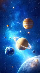 Wall Mural - This artwork features a stunning arrangement of various planets, including Saturn and Jupiter, set against a deep blue cosmic backdrop