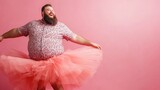 happy plus size man with beard, model in tulle skirt dancing on pink background. Funny character for advertising