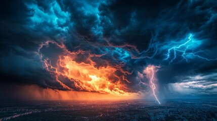 Aufkleber - A tumultuous sky filled with thunderous dark clouds looms over the city, creating a striking contrast against vibrant hues of orange