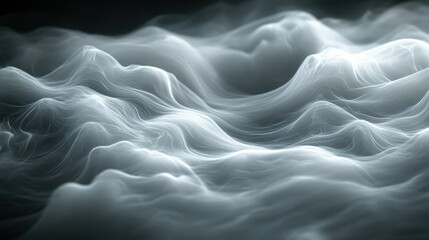 Wall Mural - Abstract ethereal waves of light and smoke.  A mesmerizing display of flowing, undulating forms in soft gray tones, creating a sense of depth and movement against a dark background