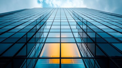 Poster - Towering steel and glass rise against the morning sky, reflecting hues of orange. The sleek lines and modern design capture the essence of contemporary urban architecture