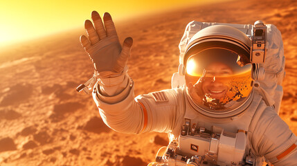 Wall Mural - an astronaut stands on the martian surface, wearing a space suit and a helmet with a reflective viso