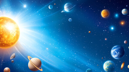 Wall Mural - A vibrant cosmic landscape showcases the sun radiating brilliant light while numerous planets of different colors orbit. The vastness of space is filled with stars and celestial phenomena
