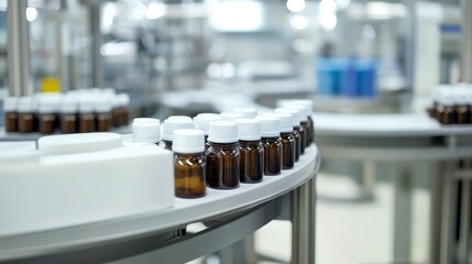 Poster - Bottles on a production line in a pharmaceutical facility with blurred background
