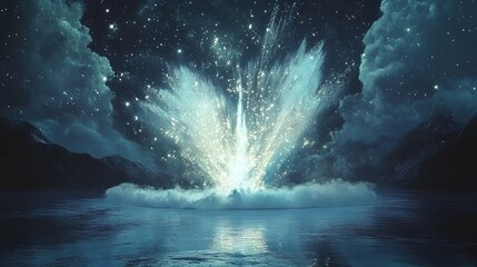 Wall Mural - A stunning night scene featuring a luminous explosion of sparkling water and light in a tranquil lake surrounded by dark mountains. The sky is filled with stars and dramatic clouds, enhancing the ethe