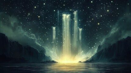Wall Mural - A mesmerizing digital landscape featuring cascading waterfalls illuminated by a vibrant glow, set against a starry night sky. The contrast between the dark rocky terrain and the ethereal light creates