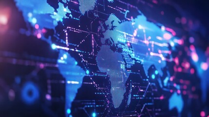 Poster - Colorful digital map of the world with glowing network connections