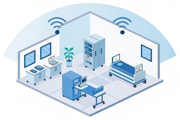 Aufkleber - Digital health care and Telemedicine concept. Modern hospital room design featuring medical equipment and wireless connectivity.