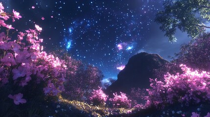 Wall Mural - A picturesque nighttime landscape featuring vibrant pink flowering trees in the foreground, under a starry sky filled with bright stars and nebula-like formations. The scene captures a serene atmosphe