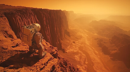 Wall Mural - an astronaut in a space suit surveys the breathtaking martian landscape, characterized by towering c
