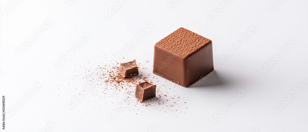 Small cube of chocolate on a white background. the cube is made of a ...