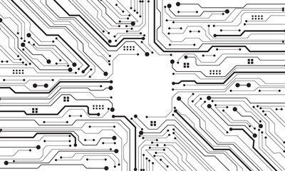 Poster - Abstract black circuit board technology connected lines electronics elements computer motherboard chip processor semiconductor digital on white background vector