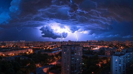 Poster - Beneath a thunderous dark sky filled with swirling black clouds, bolts of lightning dance through the air, illuminating the urban skyline. The luminous city glows beneath the storm's fury
