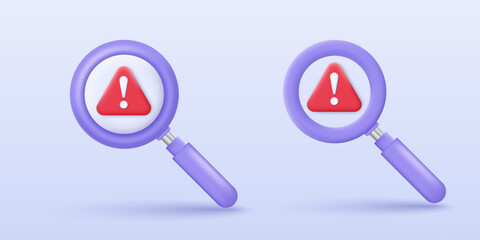 Poster - 3D Magnifying glass with triangle warning icon. Data breach, Malware, Cyber Attack, Hacking, and Security protection Concept. Danger hazard notification. 3D signal vector icon render illustration.