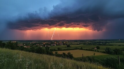 Aufkleber - Thunderous dark skies loom ominously as flashes of lightning cut through the clouds. The tranquil countryside below is bathed in an eerie glow, signaling an impending storm