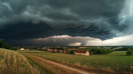 Aufkleber - A fierce thunderstorm looms over a peaceful rural landscape, dark clouds swirl ominously above, while flashes of lightning illuminate the horizon
