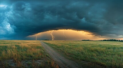 Aufkleber - As dark thunderous clouds loom overhead, lightning dances across the horizon, illuminating the golden field below in dramatic contrast. Nature's power is on full display as the storm approaches