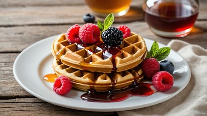 Wall Mural - Waffles with Fresh Fruit and Syrup on white plate, wood background