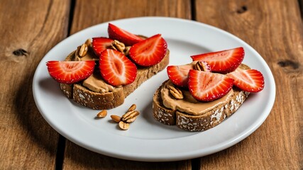 Wall Mural - Toast with Nut Butter and Sliced Strawberries on white plate, wood background