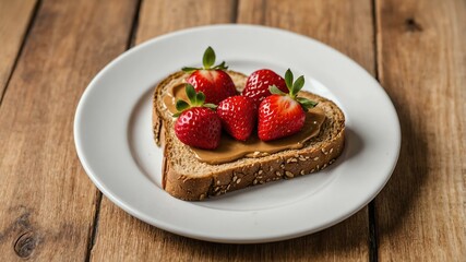 Wall Mural - Toast with Nut Butter and Sliced Strawberries on white plate, wood background