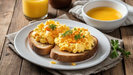 Wall Mural - scrambled Eggs with Toast on white plate, wood background