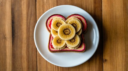 Wall Mural - Peanut Butter Banana Toast on white plate, wood background