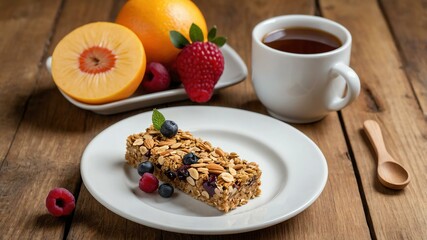 Wall Mural - Granola Bar with a Side of Fruit on white plate, wood background