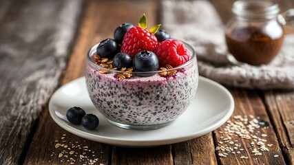 Wall Mural - Chia Pudding with Berries on white plate, wood background