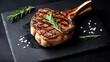 © Planetz - Dry Aged Barbecue Porterhouse Steak T-bone beef steak sliced with large fillet piece with herbs and salt. American meat restaurant
