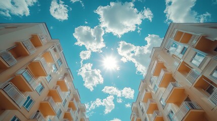 Poster - Bright sunlight streams through soft, puffy clouds, casting warmth over a lively sky. Below, modern buildings rise, their balconies inviting the gentle breeze of a lovely afternoon
