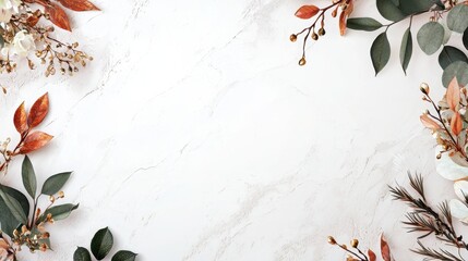 Poster - Illustrated Abstract Botanical Branch Design with Elegant Borders and Natural Elements on Marble Background