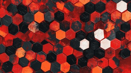 Poster - Creating a bold red orange abstract hexagonal pattern digital art graphic design studio environment close-up viewpoint gigapixel art