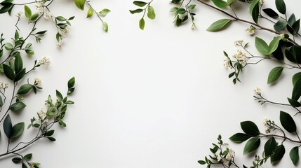 Poster - Detailed Illustrated Border Art Featuring Branches and Leaves with Delicate Flowers on a Light Background