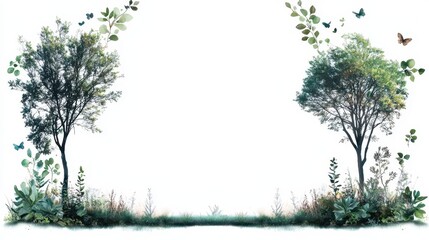 Poster - Beautiful Watercolor Illustration of Two Trees with Artistic Borders and Gentle Nature Elements