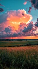 Poster - A vibrant display of storm clouds fills the sky, blending shades of orange and blue during sunset. Below, a tranquil field stretches out, enveloped in the warm glow of dusk