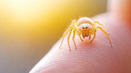 Close-up of a small spider on skin, delicate features and golden light creating a serene, nature-inspired scene.
