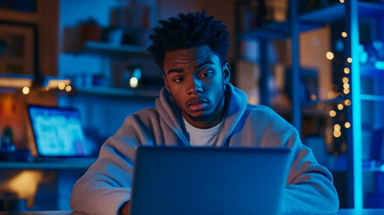Poster - Young man working late on laptop in blue lit room serious focused expression home male dark night
